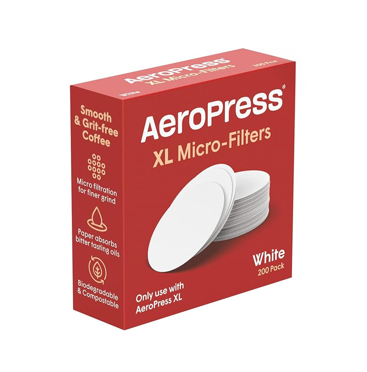 Filtros de papel originales AeroPress XL Micro-Filters, paquete de 200 unidades de color blanco. Microfiltros biodegradables y compostables para cafetera AeroPress XL.