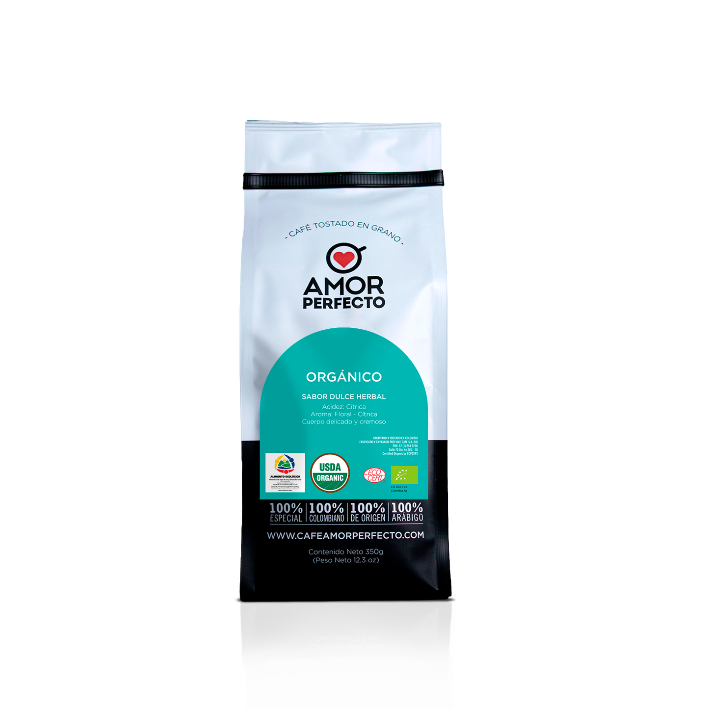 Café de especialidad Amor Perfecto Orgánico certificado por USDA Organic y la Unión Europea. Café colombiano tostado en grano de 350g con perfil de sabor dulce herbal y aroma floral.