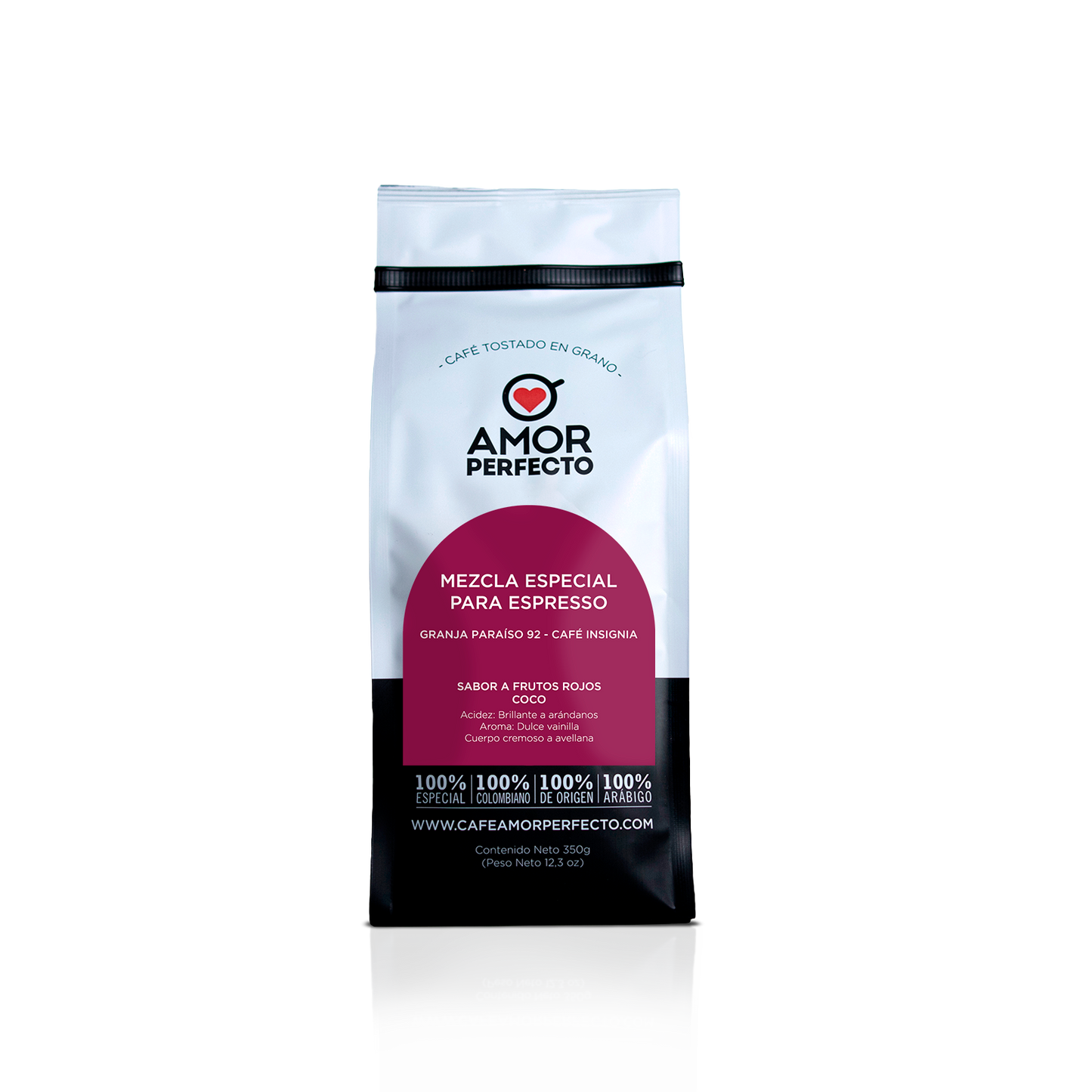 Café de especialidad Amor Perfecto Mezcla Especial Para Espresso de Wilton Benitez (Granja Paraíso 92). Café colombiano con perfil de frutos rojos y coco, notas de arándanos y vainilla. Bolsa de 350g.