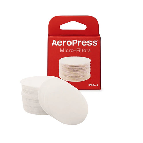 Pack de 350 micro-filtros de papel originales para cafetera AeroPress. Repuestos de filtros circulares blancos para preparación de café de especialidad en casa.