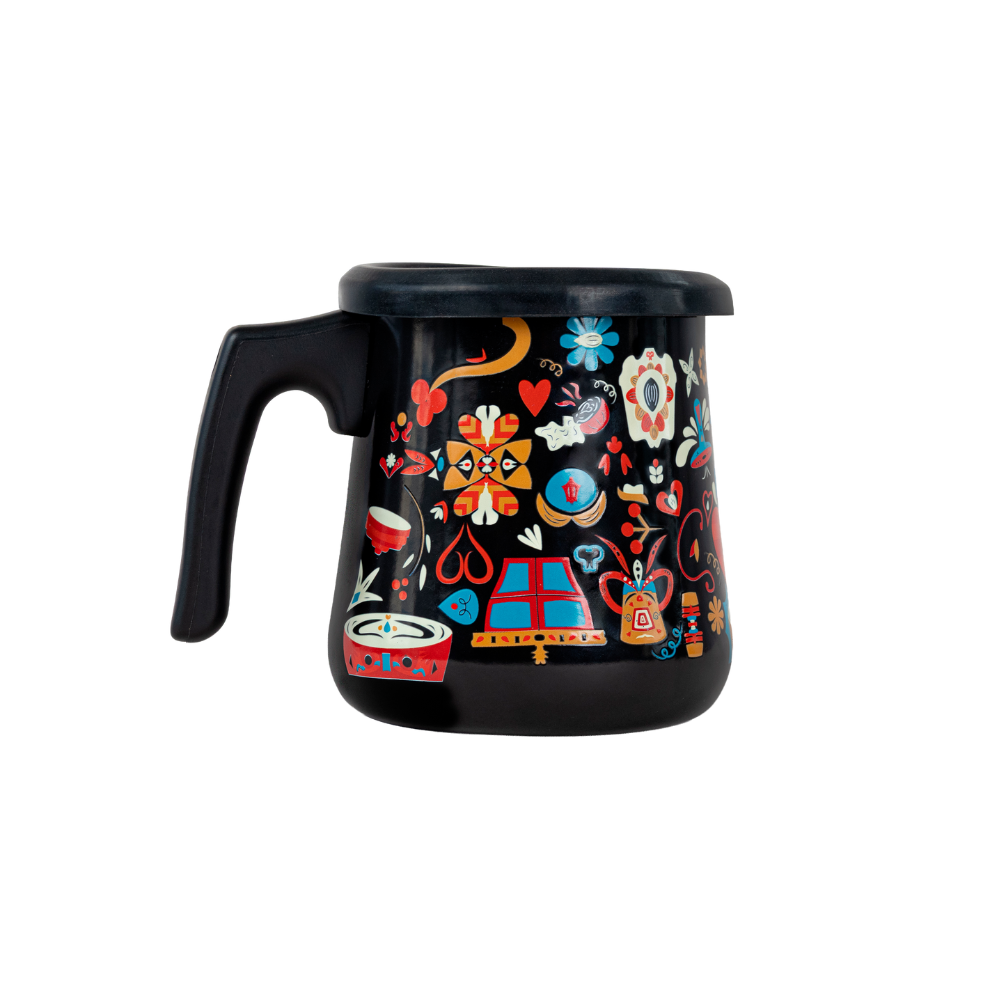 Cafetera de peltre negra Amor Perfecto con ilustraciones coloridas de la cultura cafetera, jarra tradicional para café de especialidad.