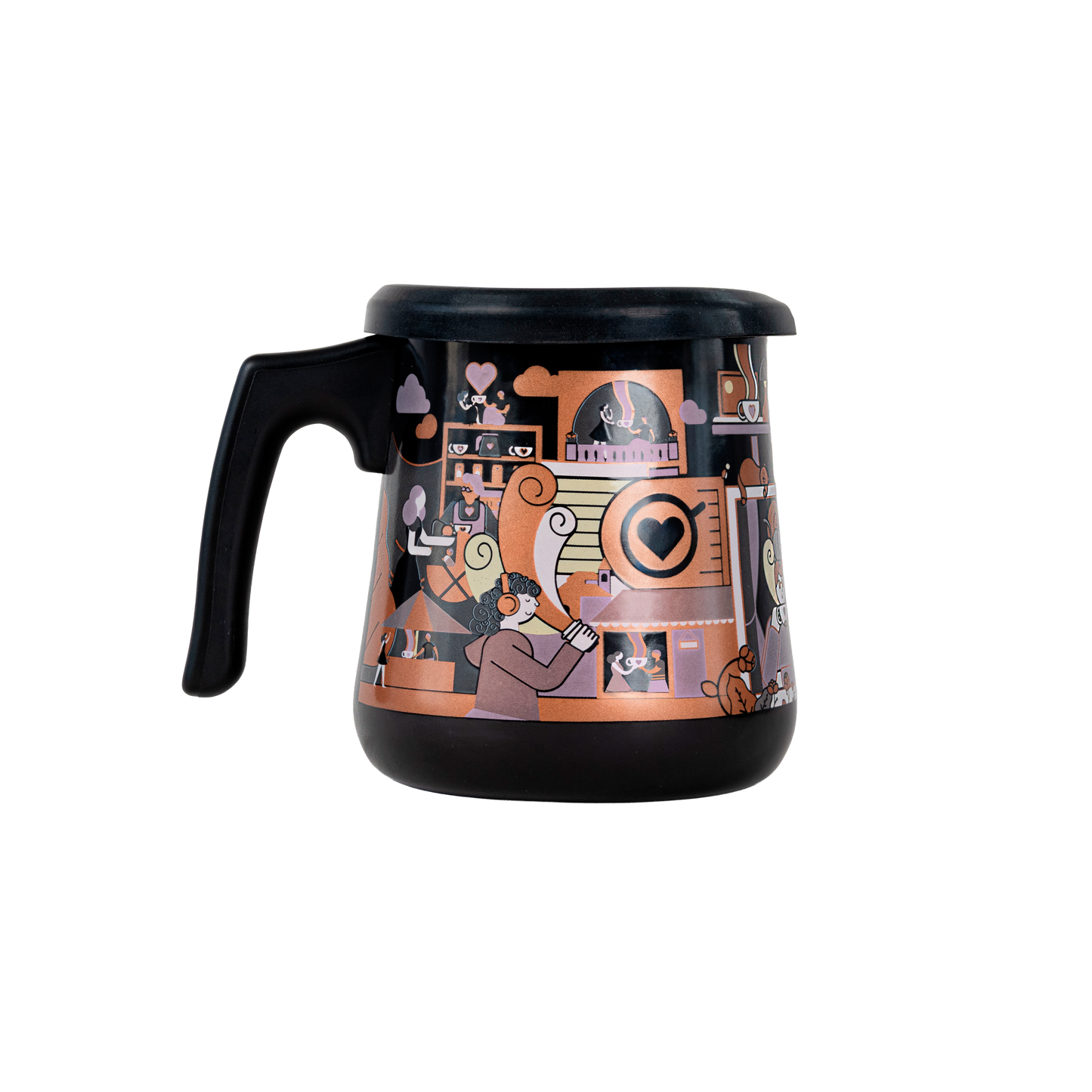 Olla de peltre esmaltado negro Amor Perfecto con ilustración "Momentos llenos de amor". Accesorio de diseño de autor que representa la cultura cafetera colombiana, ideal para servir café de especialidad.