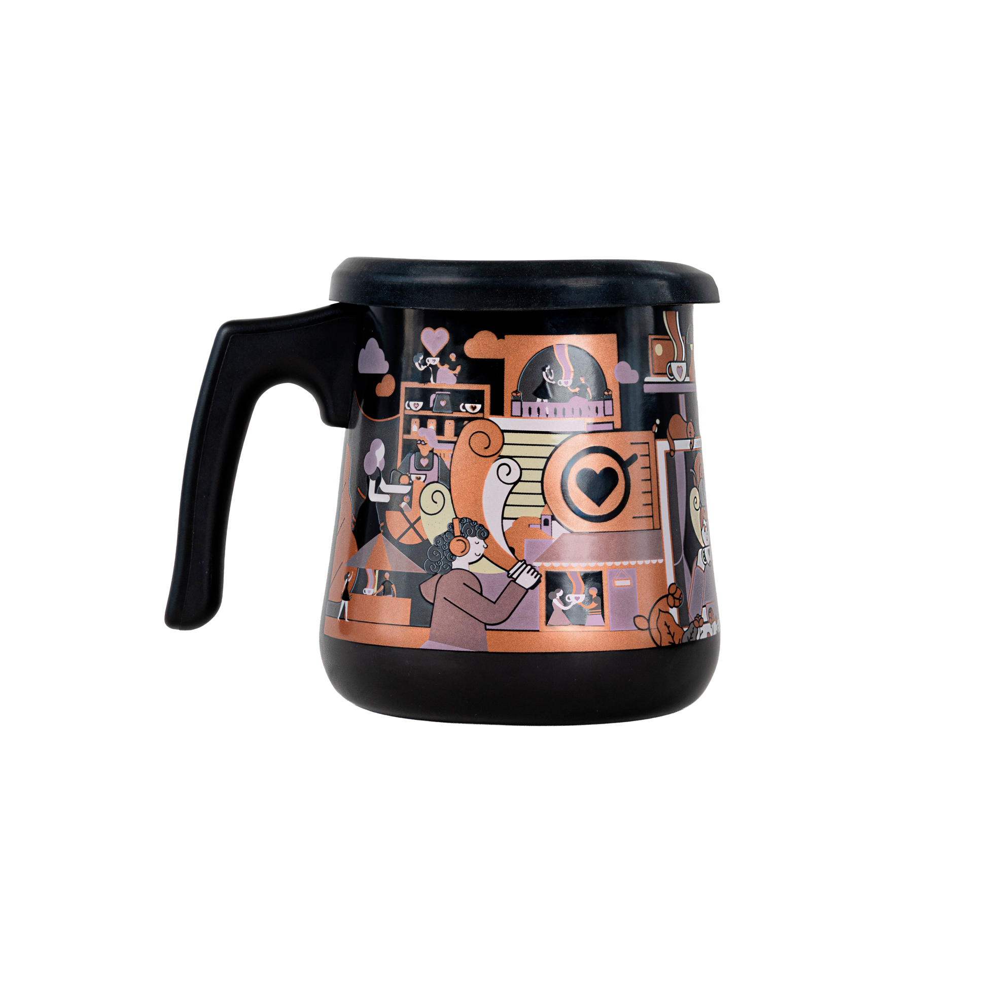 Olla de peltre esmaltado negro Amor Perfecto con ilustración "Momentos llenos de amor". Accesorio de diseño de autor que representa la cultura cafetera colombiana, ideal para servir café de especialidad.