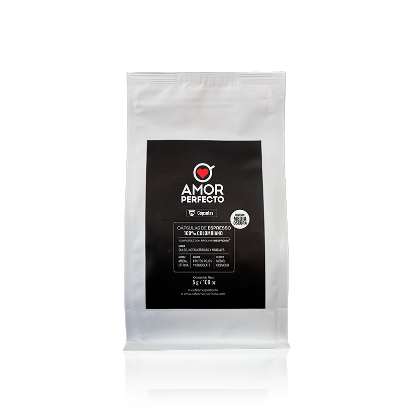 Cápsulas de café de especialidad Amor Perfecto 100% colombiano, tostión media oscura. Pack de 20 cápsulas compatibles con máquinas Nespresso con notas de frutos rojos y chocolate.