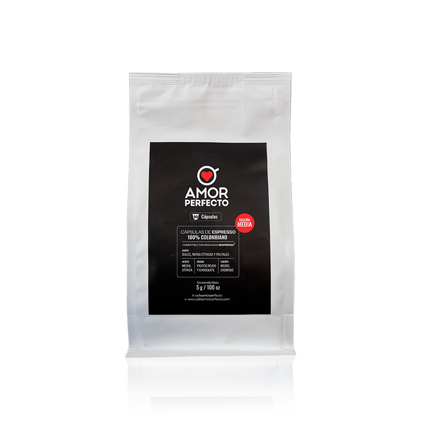 Cápsulas de café Amor Perfecto 100% colombiano de tostión media. Pack de 20 cápsulas compatibles con máquinas Nespresso con notas dulces, cítricas y aroma a chocolate.