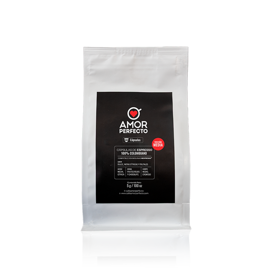 Cápsulas de café Amor Perfecto 100% colombiano de tostión media. Pack de 20 cápsulas compatibles con máquinas Nespresso con notas dulces, cítricas y aroma a chocolate.