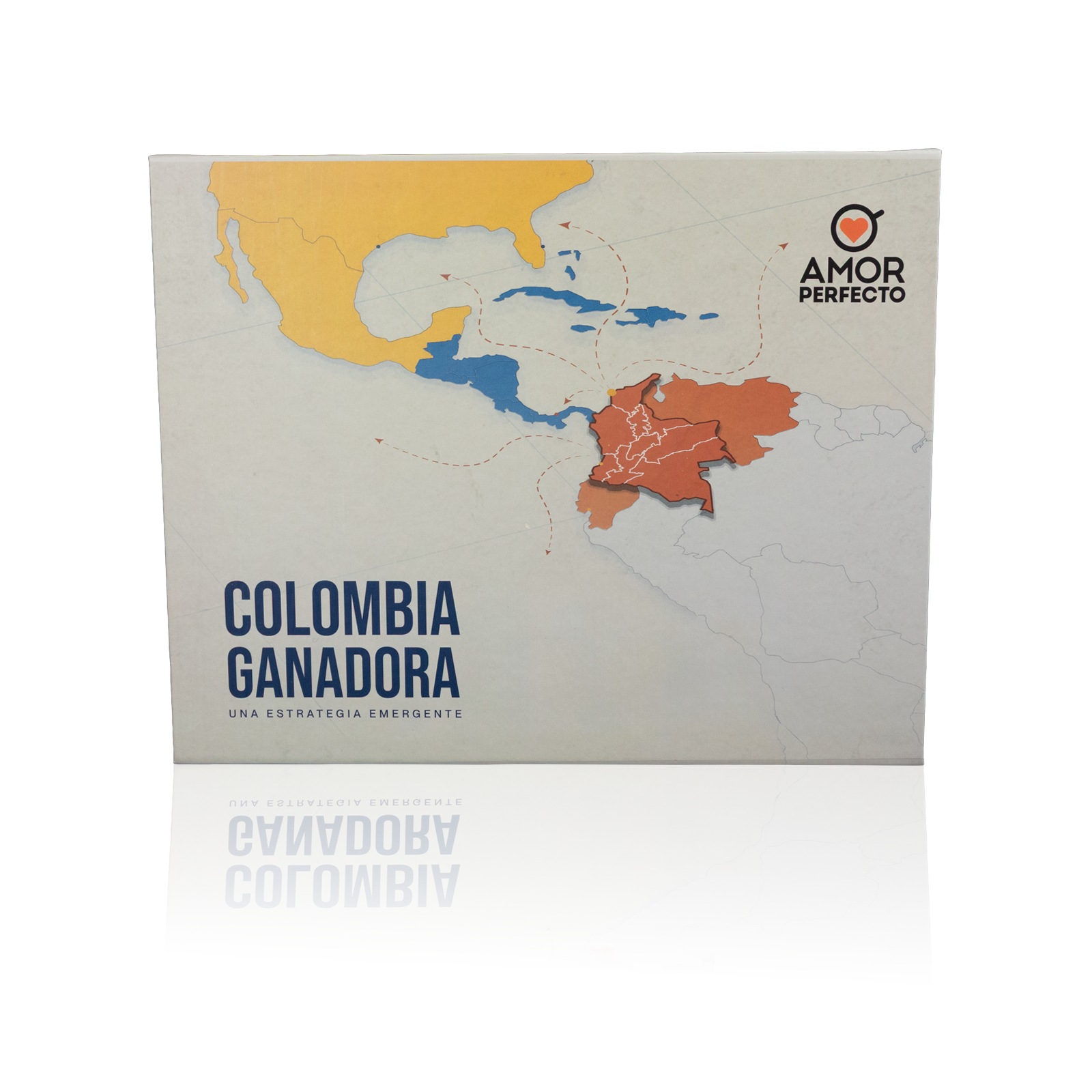 Caja de colección "Colombia Ganadora" de Amor Perfecto. El kit premium incluye el libro sobre la estrategia del café colombiano y una bolsa de café de especialidad en grano, todo presentado en un empaque de regalo exclusivo.