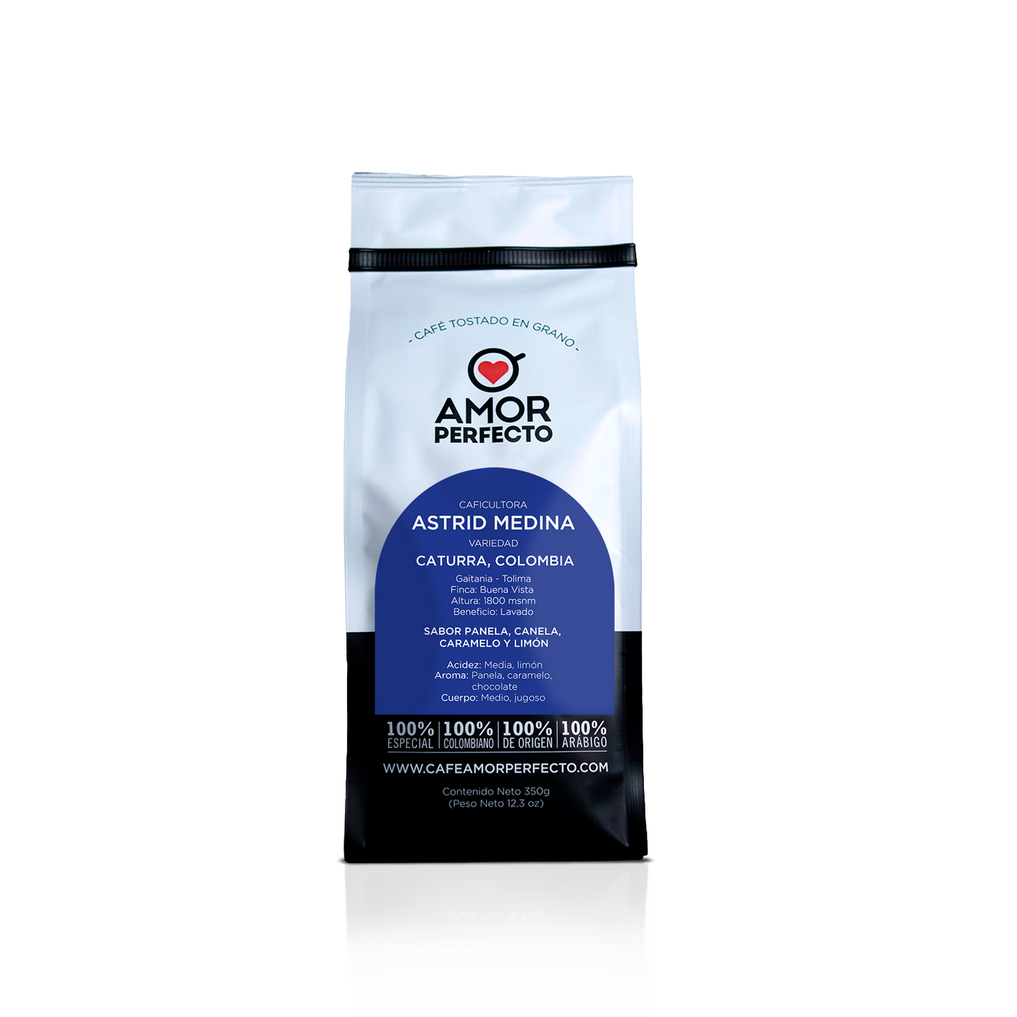 Café de especialidad Amor Perfecto, caficultora Astrid Medina. Origen Gaitania Tolima, variedades Caturra y Colombia con notas de panela, canela, caramelo y limón.