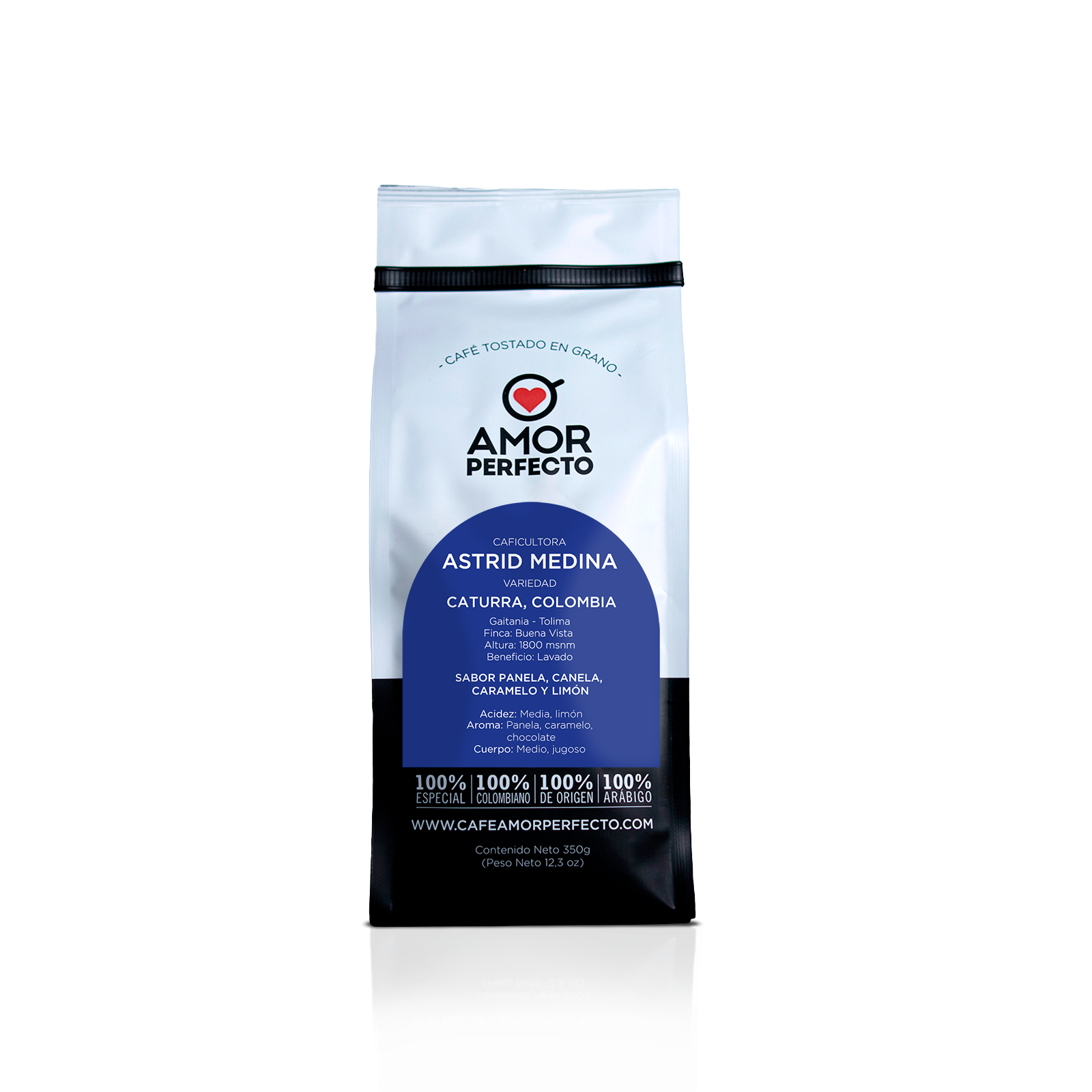 Café de especialidad Amor Perfecto, caficultora Astrid Medina. Origen Gaitania Tolima, variedades Caturra y Colombia con notas de panela, canela, caramelo y limón.