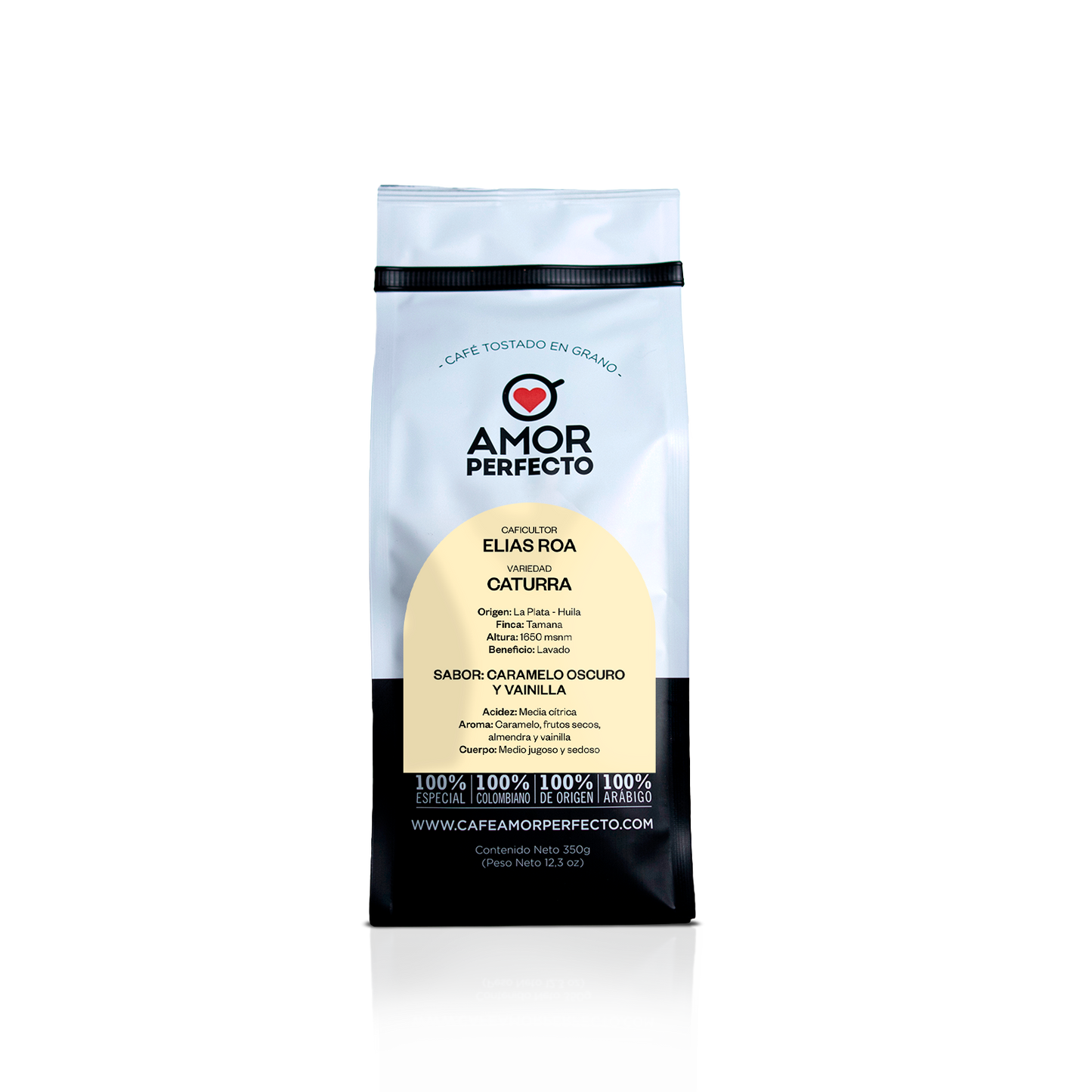 Café de especialidad Amor Perfecto, caficultor Elias Roa. Origen La Plata Huila, Finca Tamana, variedad Caturra lavado con notas de caramelo oscuro y vainilla. Bolsa de 350g.
