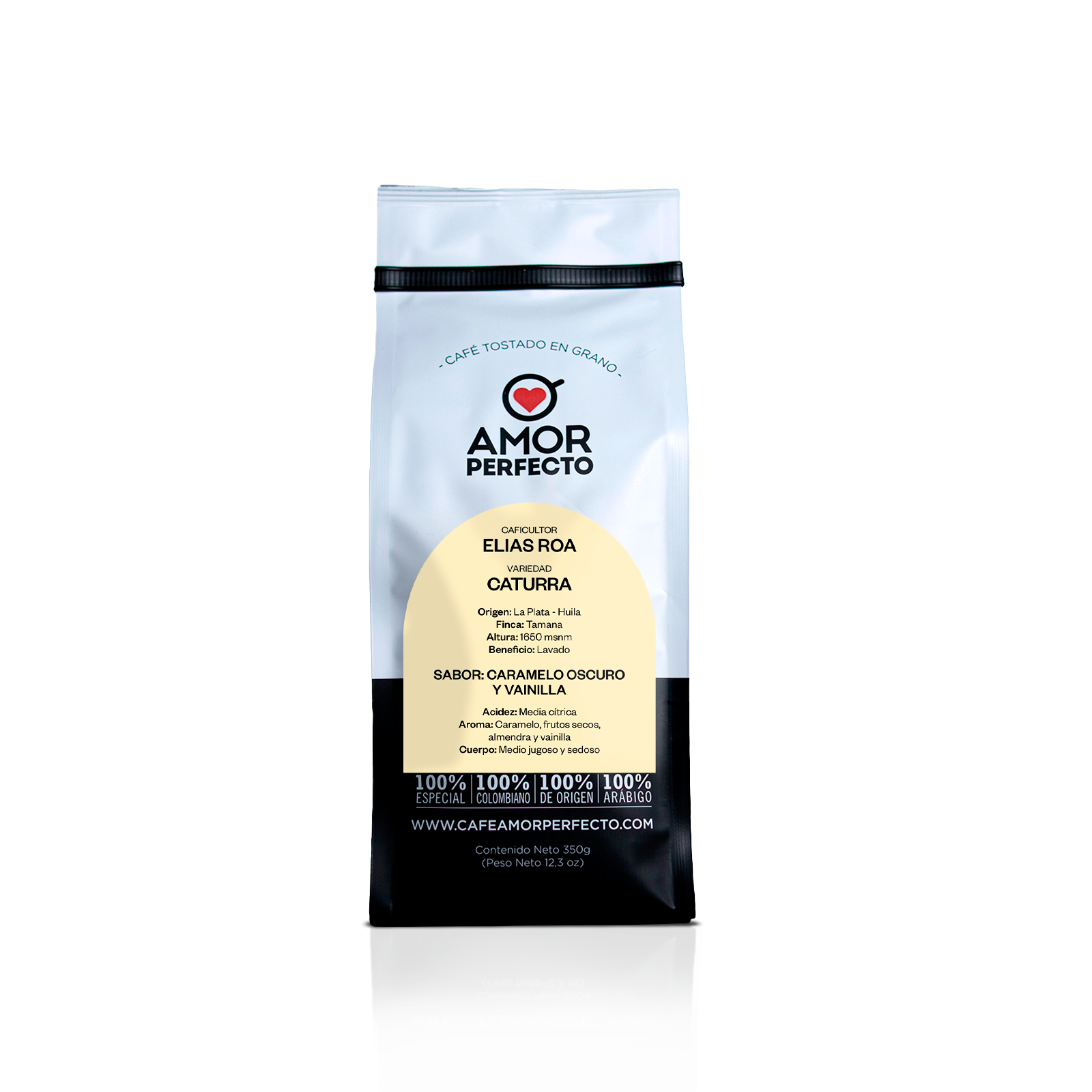 Café de especialidad Amor Perfecto, caficultor Elias Roa. Origen La Plata Huila, Finca Tamana, variedad Caturra lavado con notas de caramelo oscuro y vainilla. Bolsa de 350g.
