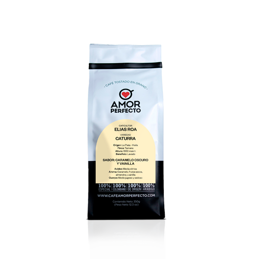 Café de especialidad Amor Perfecto, caficultor Elias Roa. Origen La Plata Huila, Finca Tamana, variedad Caturra lavado con notas de caramelo oscuro y vainilla. Bolsa de 350g.