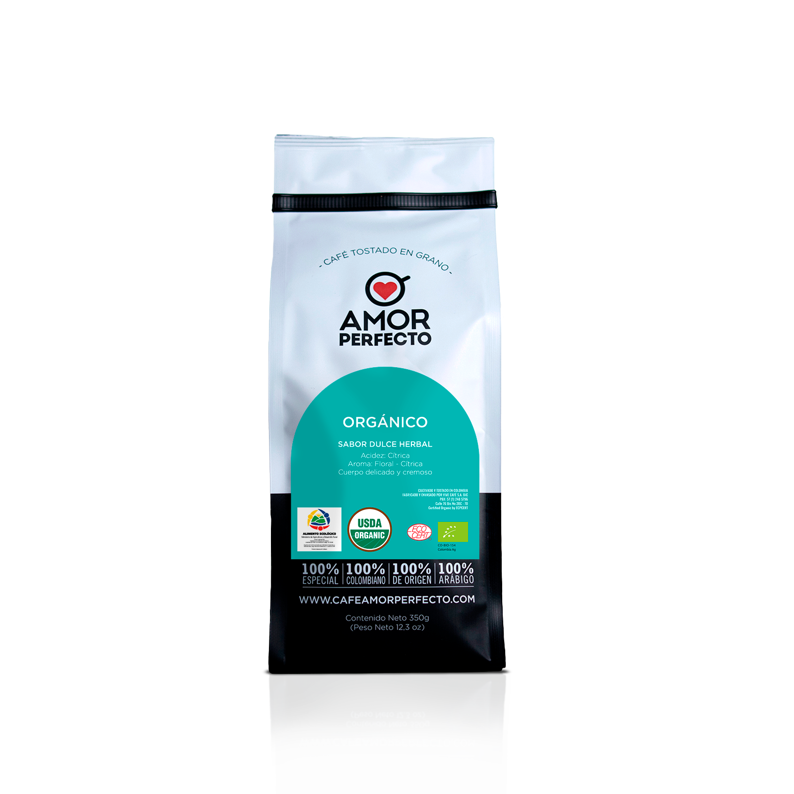Café de especialidad Amor Perfecto Orgánico certificado por USDA Organic y la Unión Europea. Café colombiano tostado en grano de 350g con perfil de sabor dulce herbal y aroma floral.