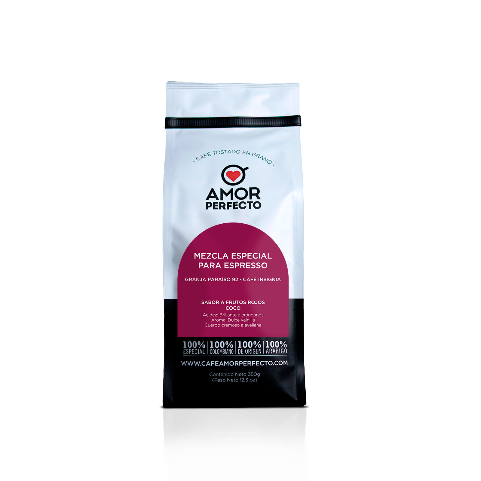 Café de especialidad Amor Perfecto Mezcla Especial Para Espresso de Wilton Benitez (Granja Paraíso 92). Café colombiano con perfil de frutos rojos y coco, notas de arándanos y vainilla. Bolsa de 350g.