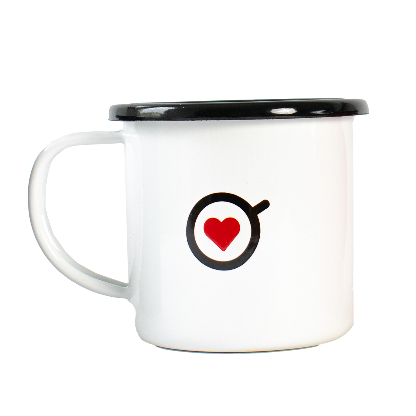 Mug de peltre blanco Amor Perfecto, pocillo esmaltado de estilo vintage con logotipo de corazón rojo. Accesorio de colección para disfrutar café de especialidad colombiano.