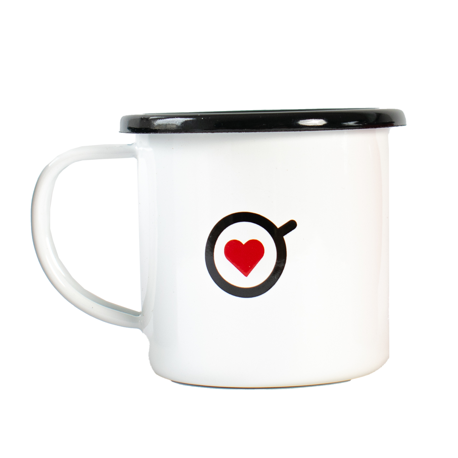 Mug de peltre blanco Amor Perfecto, pocillo esmaltado de estilo vintage con logotipo de corazón rojo. Accesorio de colección para disfrutar café de especialidad colombiano.