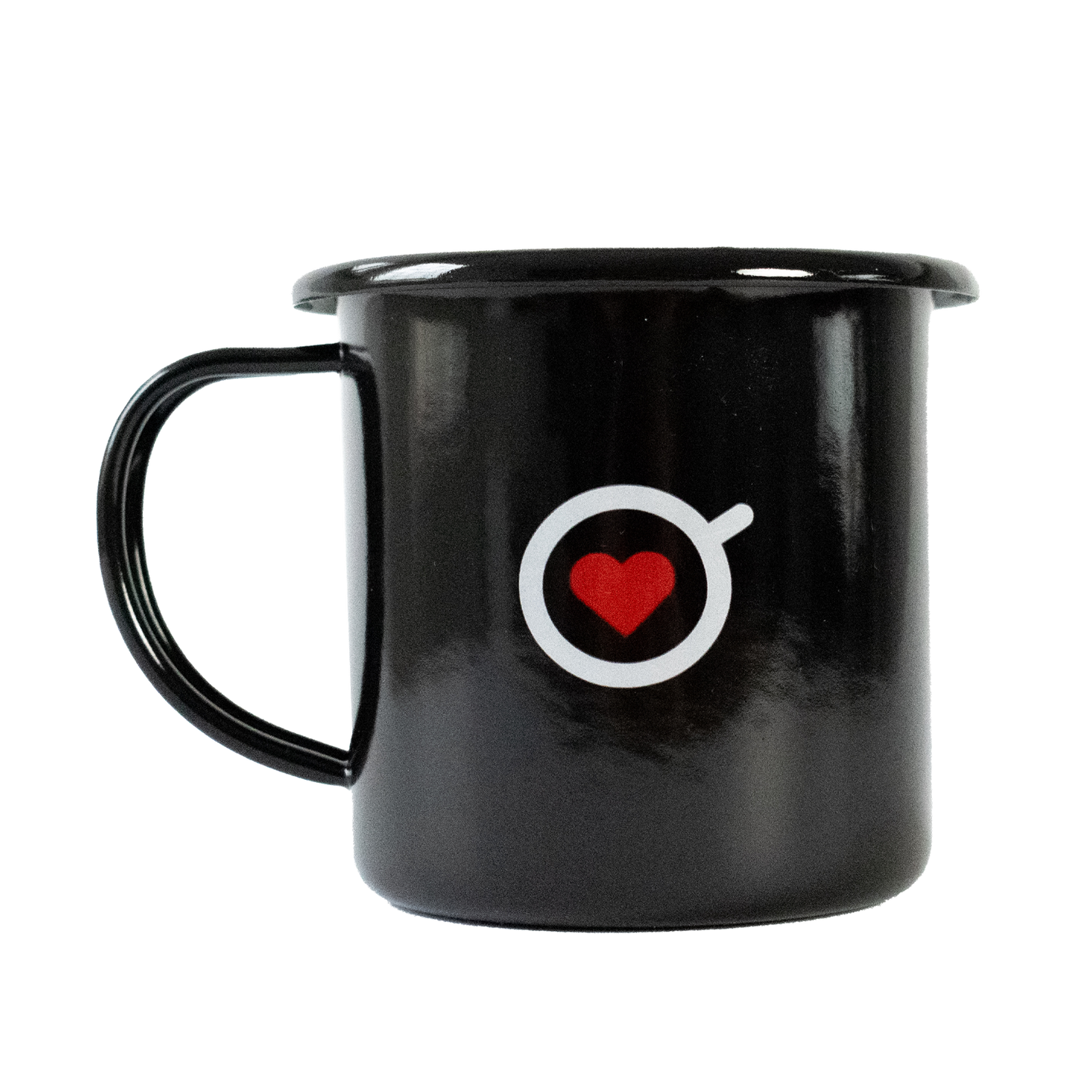 Mug de peltre negro Amor Perfecto, pocillo esmaltado de estilo vintage con logotipo de taza y corazón rojo. Accesorio de colección para disfrutar café de especialidad colombiano.