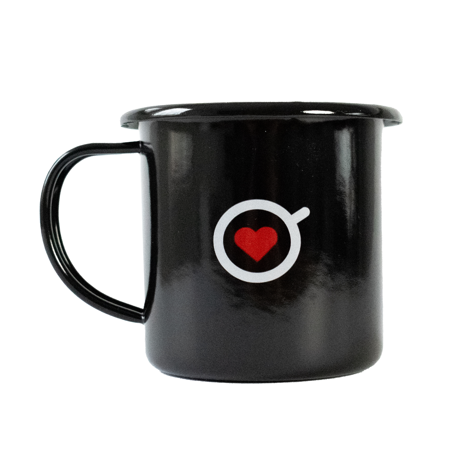 Mug de peltre negro Amor Perfecto, pocillo esmaltado de estilo vintage con logotipo de taza y corazón rojo. Accesorio de colección para disfrutar café de especialidad colombiano.