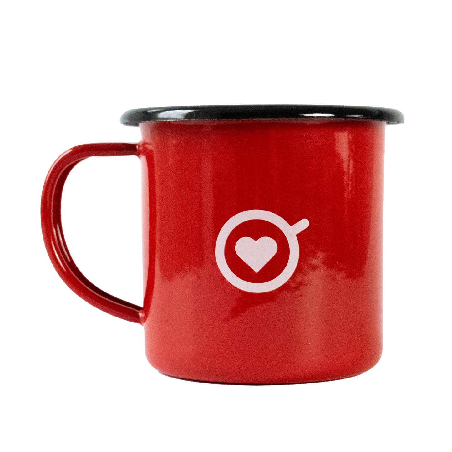 Mug de peltre rojo Amor Perfecto, pocillo esmaltado de estilo vintage con logotipo de taza y corazón rojo. Accesorio de colección para disfrutar café de especialidad colombiano.