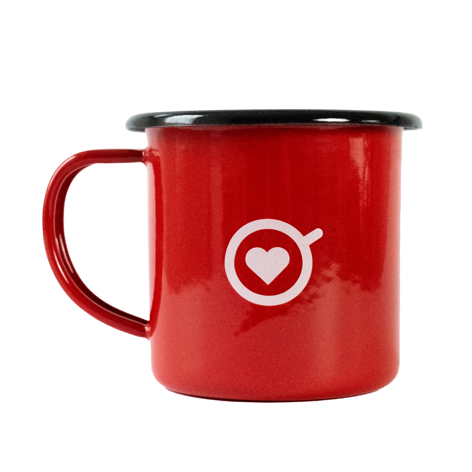 Mug de peltre rojo Amor Perfecto, pocillo esmaltado de estilo vintage con logotipo de taza y corazón rojo. Accesorio de colección para disfrutar café de especialidad colombiano.