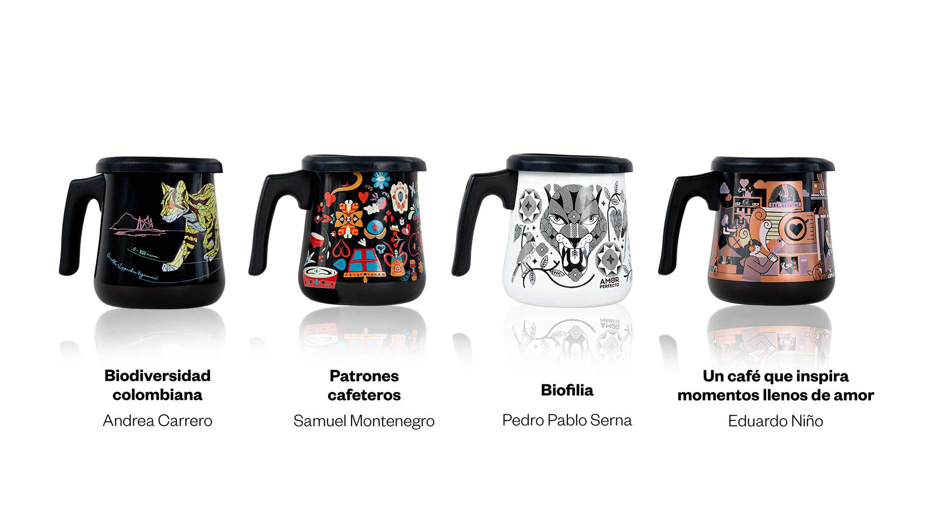 Colección completa de ollas de peltre Amor Perfecto con diseños de autor. Incluye modelos inspirados en la biodiversidad colombiana, patrones cafeteros y biofilia para servir café de especialidad.