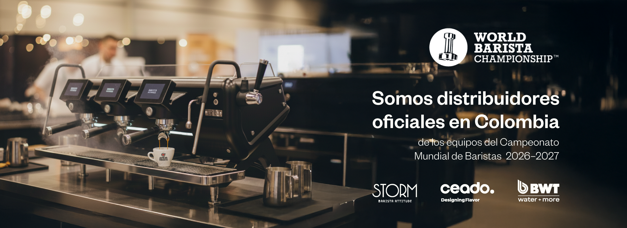 Amor Perfecto, distribuidores oficiales en Colombia de máquinas de espresso Storm, molinos Ceado y filtros BWT para el World Barista Championship 2026-2027.