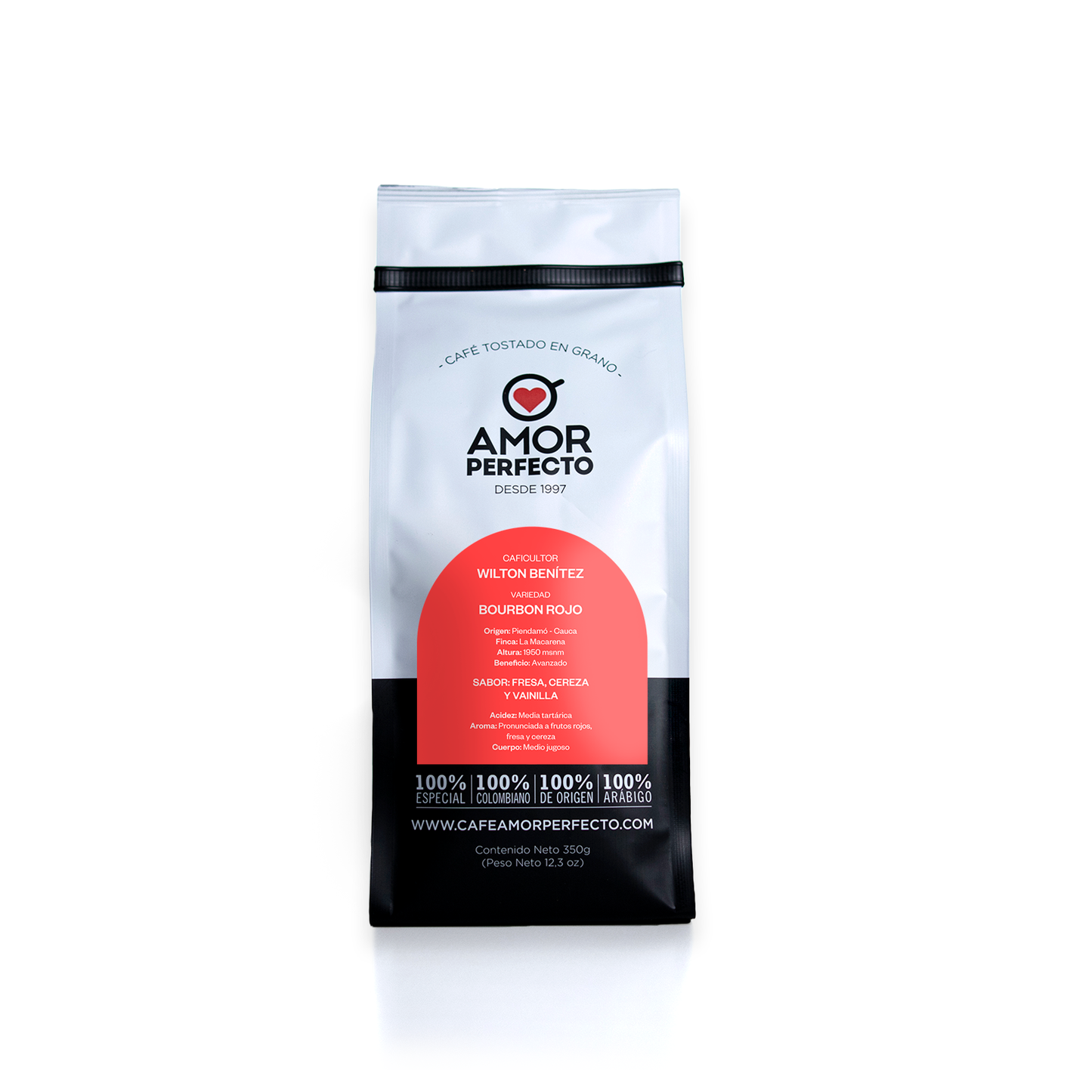 Café Amor Perfecto Wilton Benítez, Piendamó Cauca. Bourbon Rojo, notas de fresa y cereza. Proceso avanzado. Bolsa 350g de café en grano.