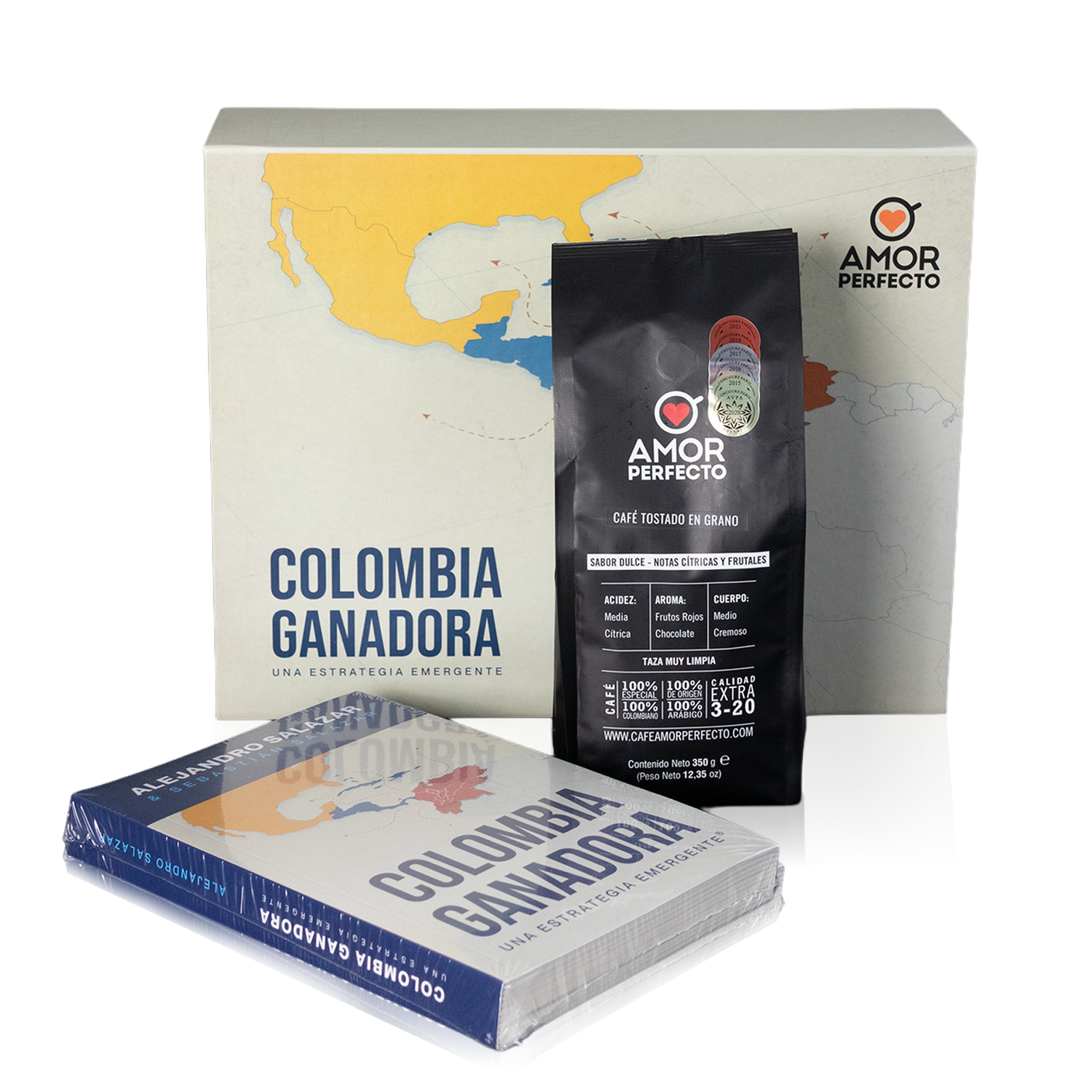 Kit de regalo Amor Perfecto: Libro "Colombia Ganadora" de Alejandro Salazar y bolsa de café de especialidad colombiano en grano. Un set premium para conocer la historia y estrategia del café en Colombia.