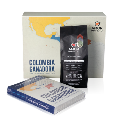 Kit de regalo Amor Perfecto: Libro "Colombia Ganadora" de Alejandro Salazar y bolsa de café de especialidad colombiano en grano. Un set premium para conocer la historia y estrategia del café en Colombia.