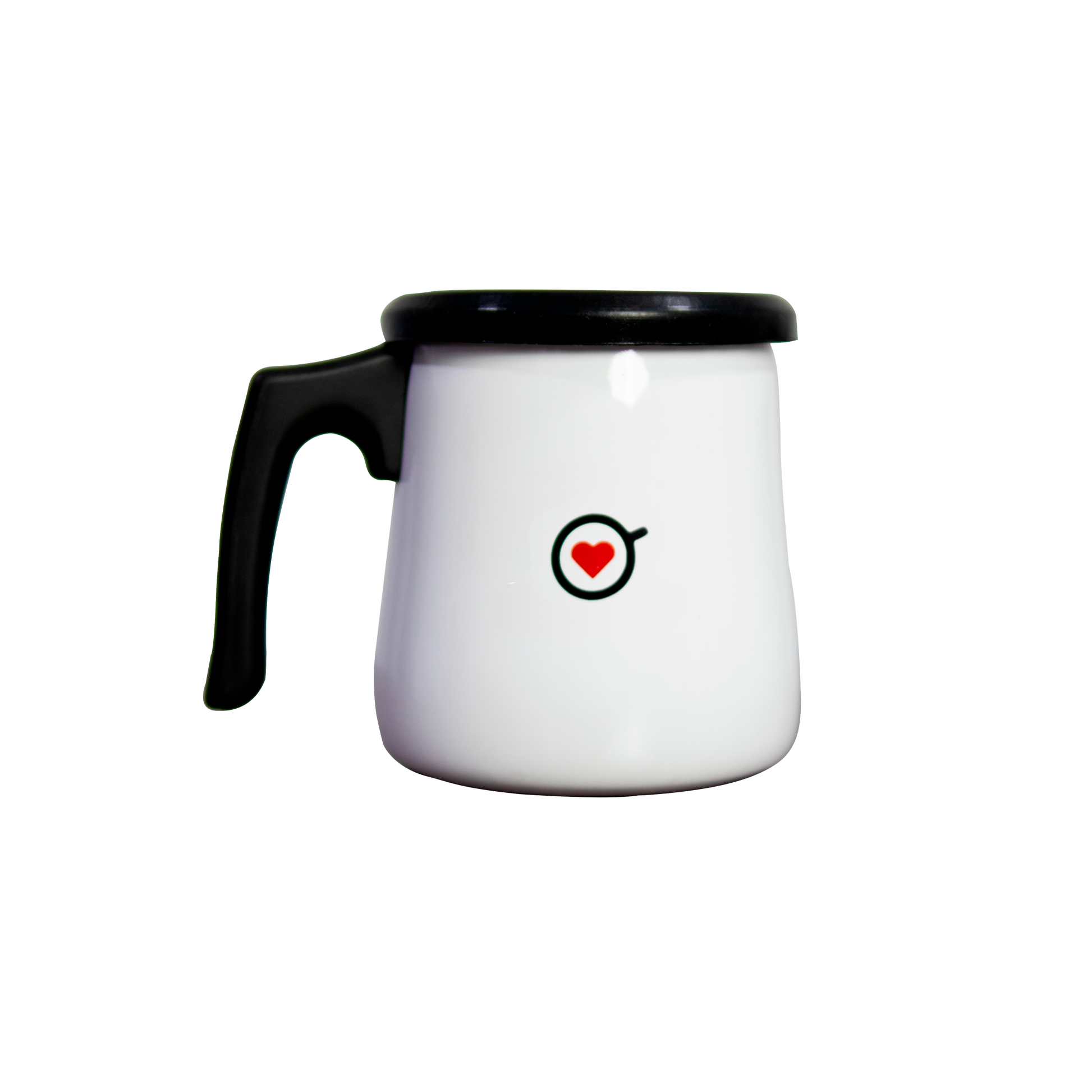 Olla de peltre blanca Amor Perfecto con logotipo. Cafetera de peltre esmaltado con diseño minimalista para preparar y servir café de especialidad colombiano.